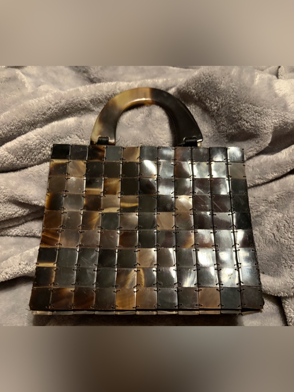 Y2K Horn Look Tile Mini Handbag Brown Mosaic Top Handle Purse Italy 2000s